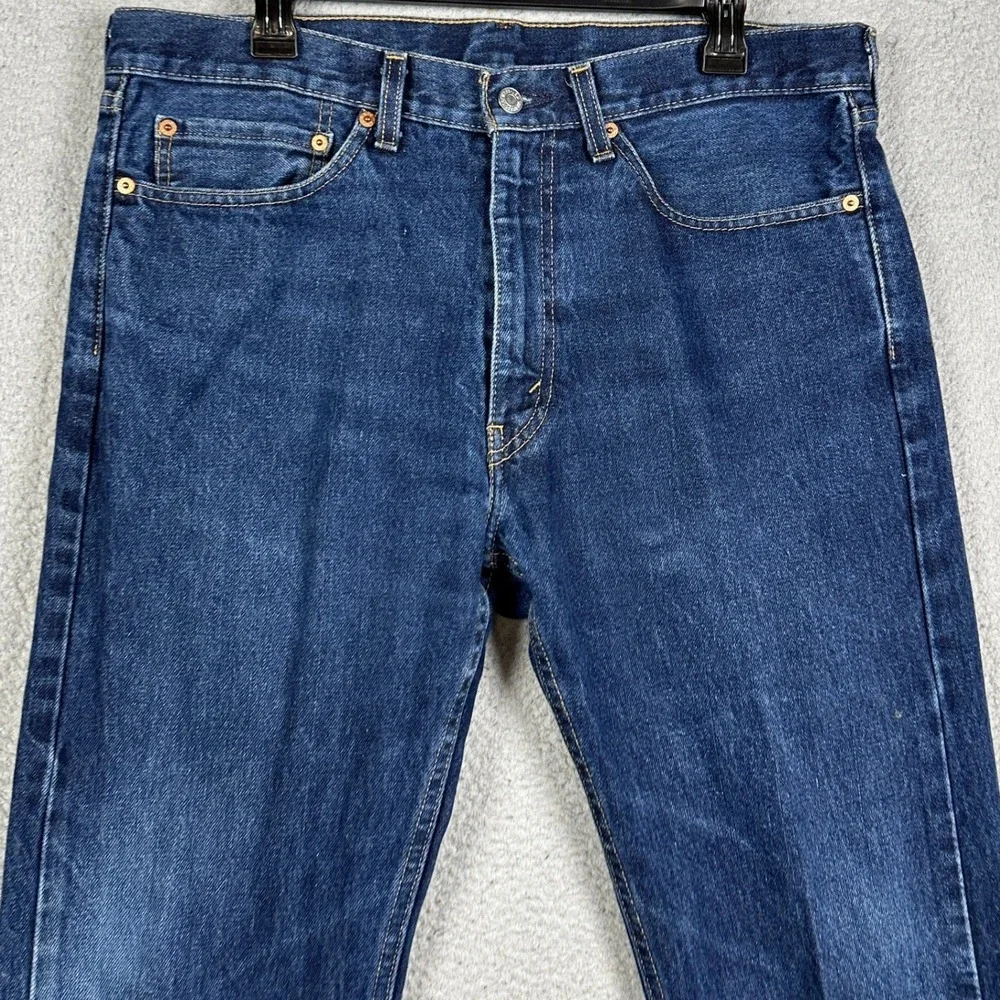 Levis 505 Jeans Mens 34X29 Blue Straight Leg Distressed Dark Wash 5 Pocket Denim